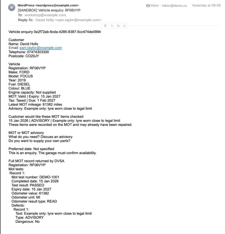 Example enquiry email with MOT history
