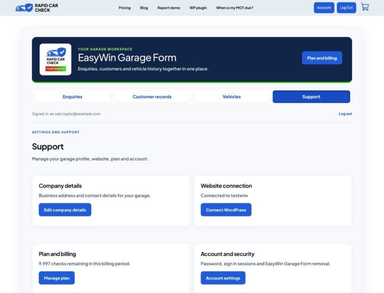 Garage settings and support