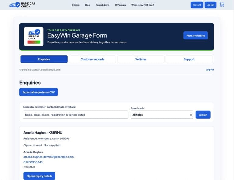 Enquiries in your garage account